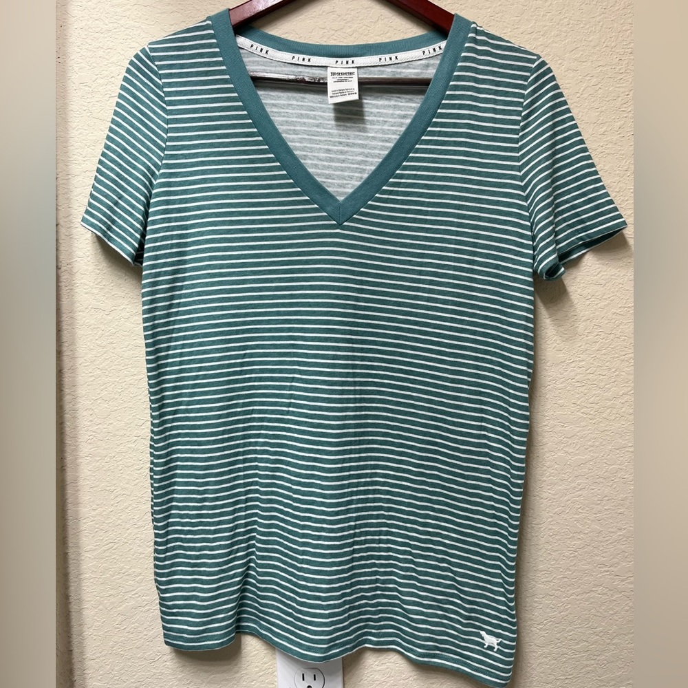 Victoria’s Secret PINK Teal & White V-Neck T-Shirt •Size Small
